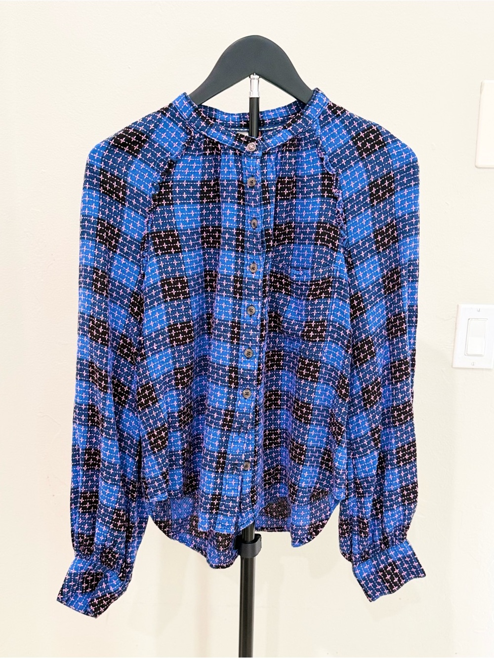 Pilcro Anthropologie Blue Black Pink Wool Blend Plaid Blouse Boho Academia - Picture 2 of 11